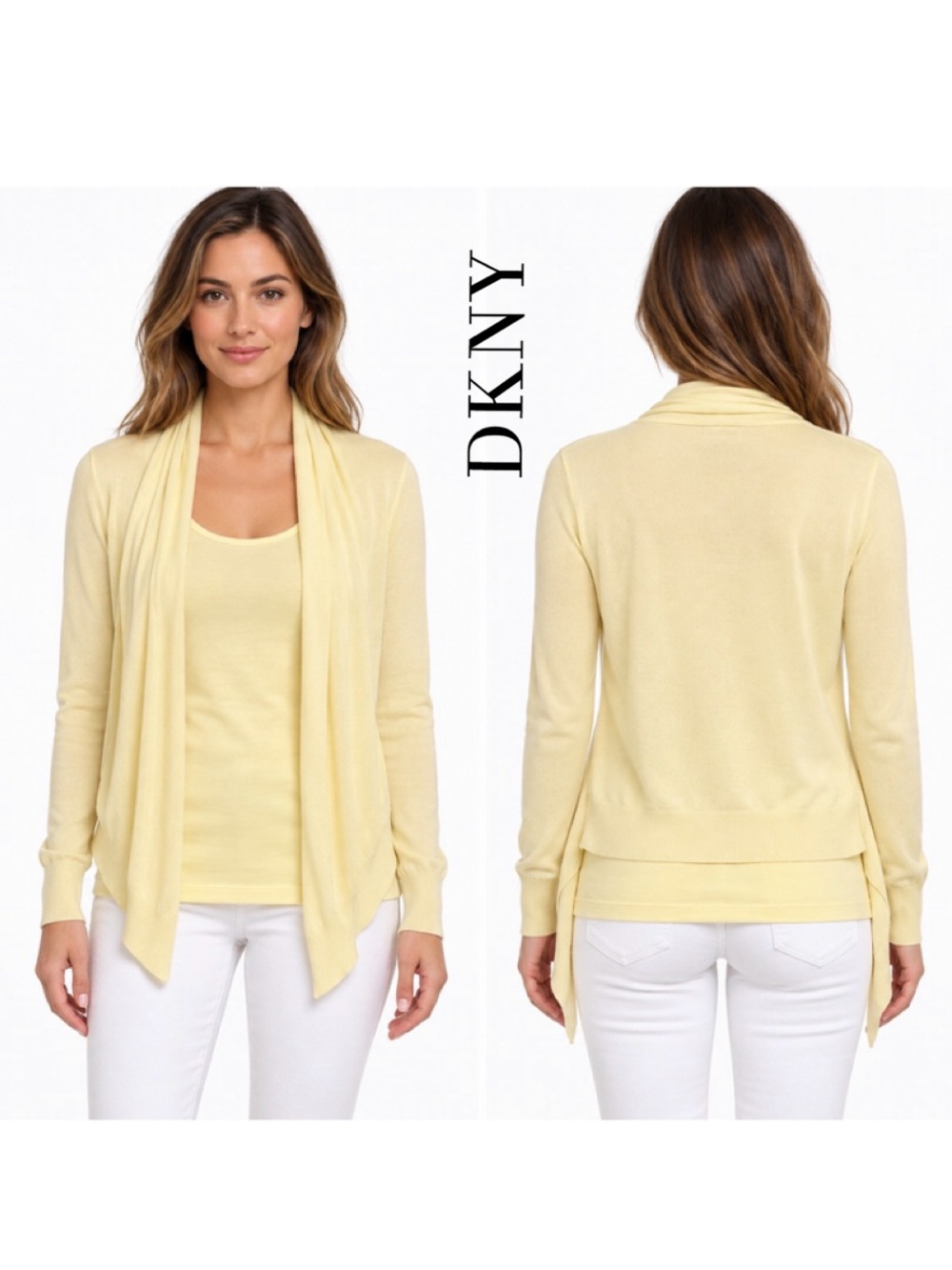 DKNY Silk Cashmere Draped Cardigan & Tank Lemon Yellow S/M